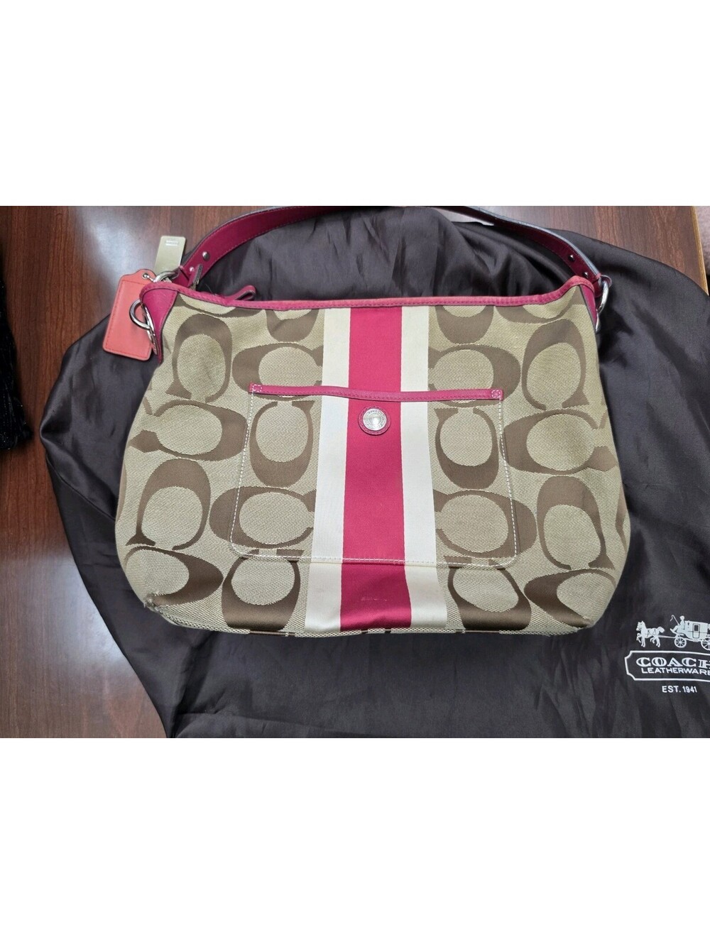 Coach Signature Stripe Khaki Pink Canvas Shoulder Bag Purse Y2K Vintage Designer